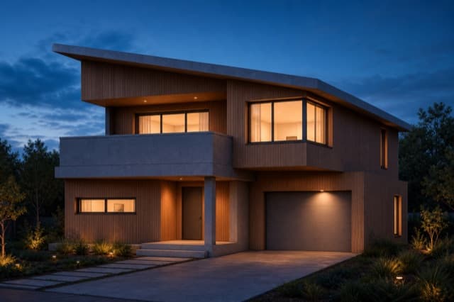 Photoreal blue-hour render of the same house with a timber facade and glowing windows