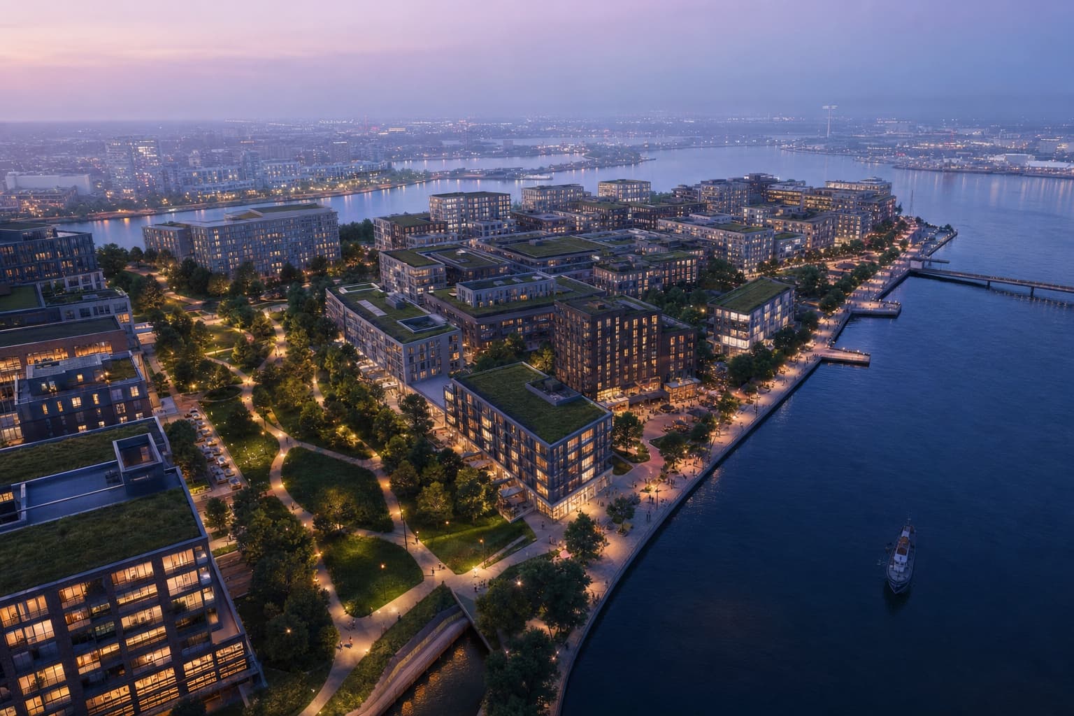 Aerial dusk render of a waterfront masterplan district