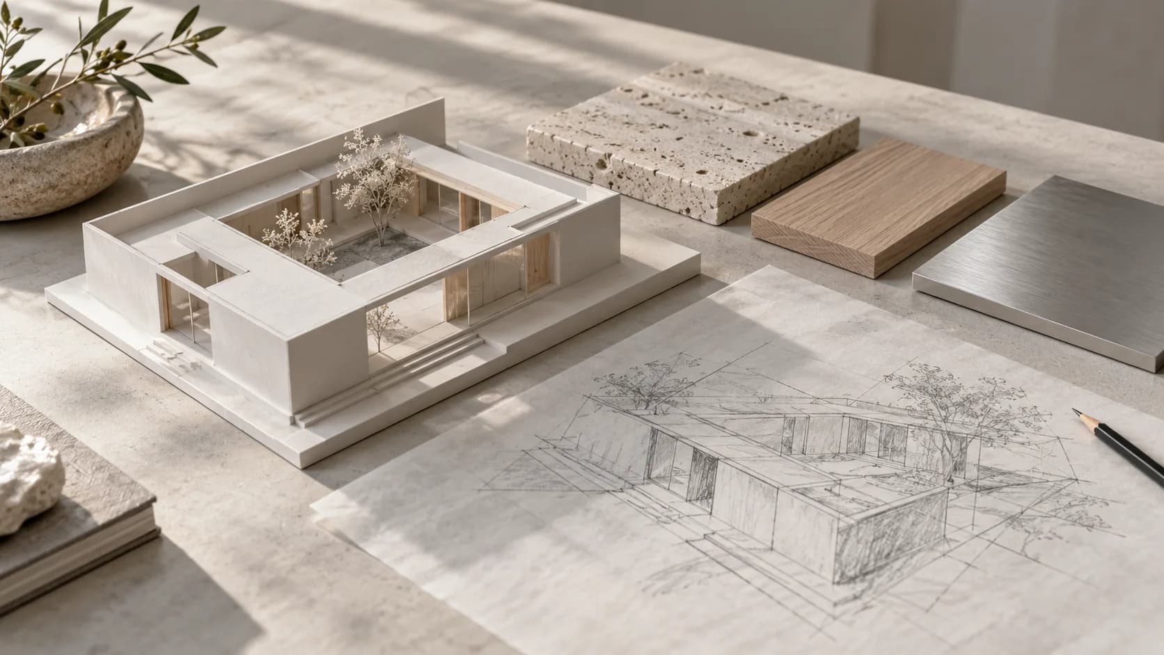 Conceptual courtyard-house model, sketch and material samples