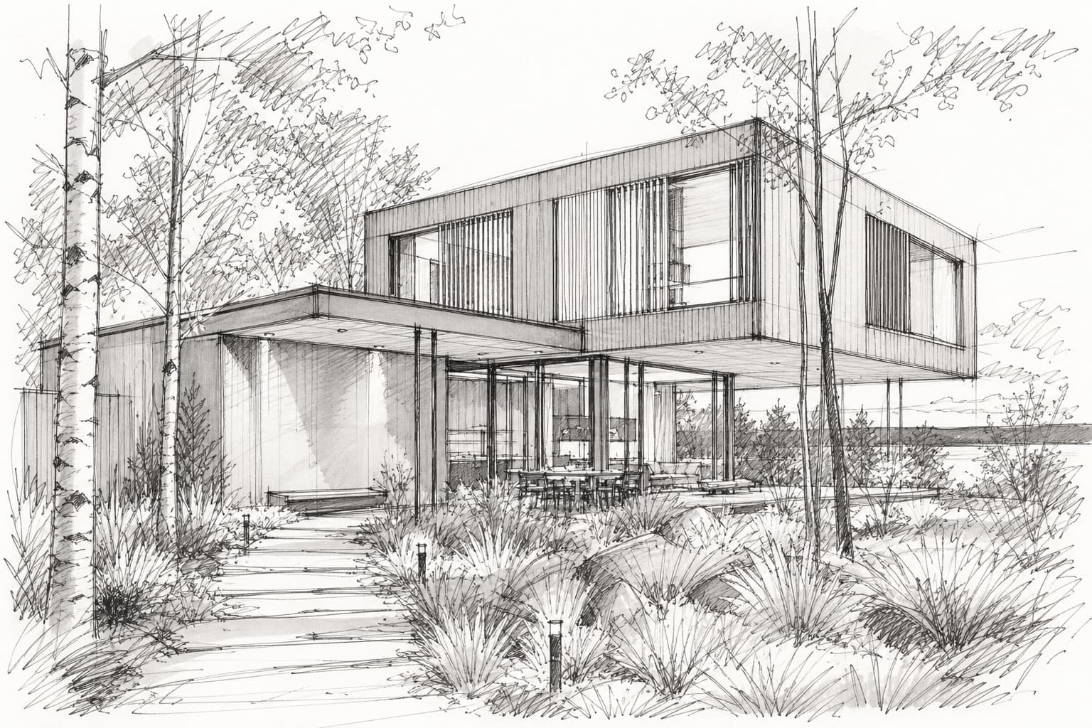 Lakeside timber house – Eingangsskizze