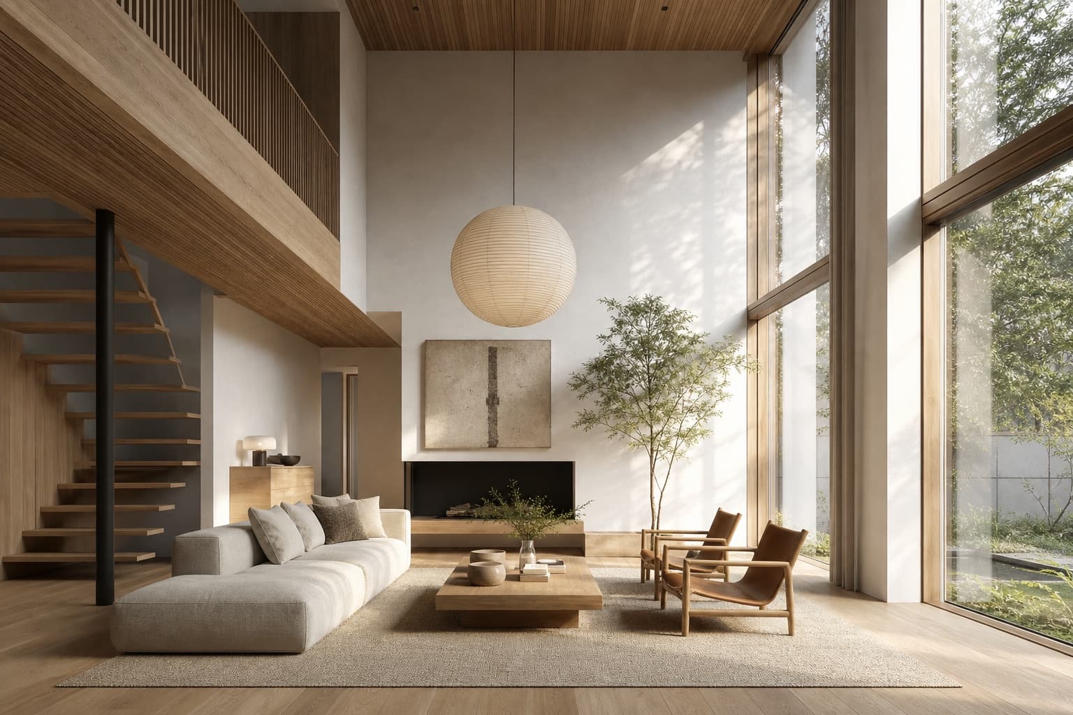 Photoreal interior render of a double-height living room