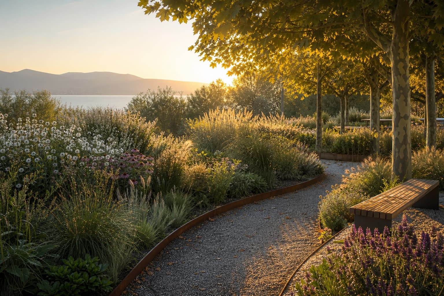 Photoreal landscape render of a park promenade at golden hour